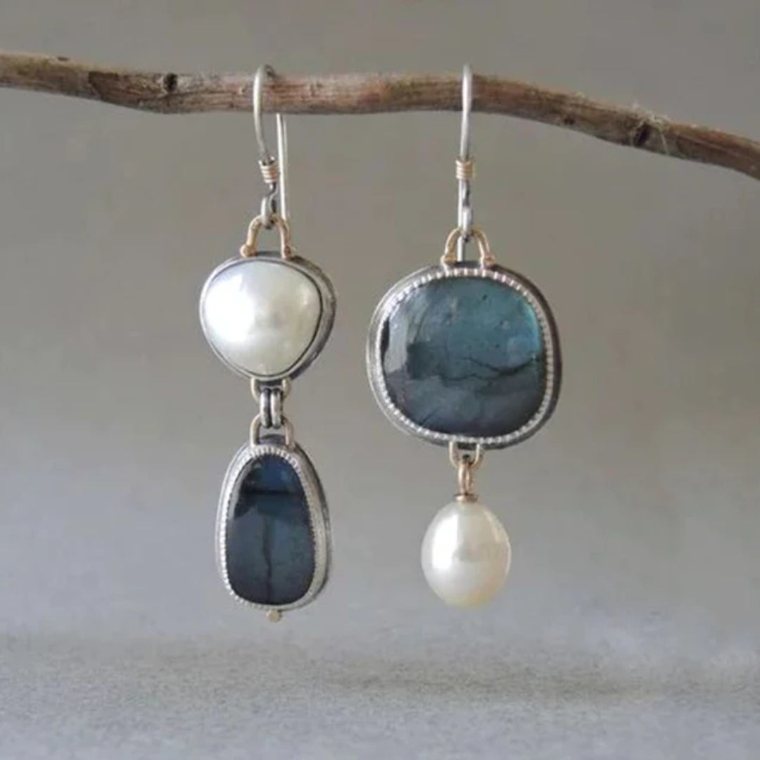 Pendientes Vintage de Perla con Piedra Azul