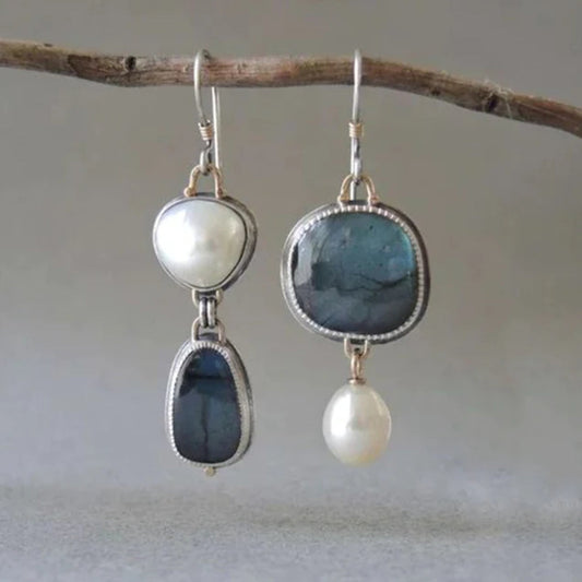 Pendientes Vintage de Perla con Piedra Azul