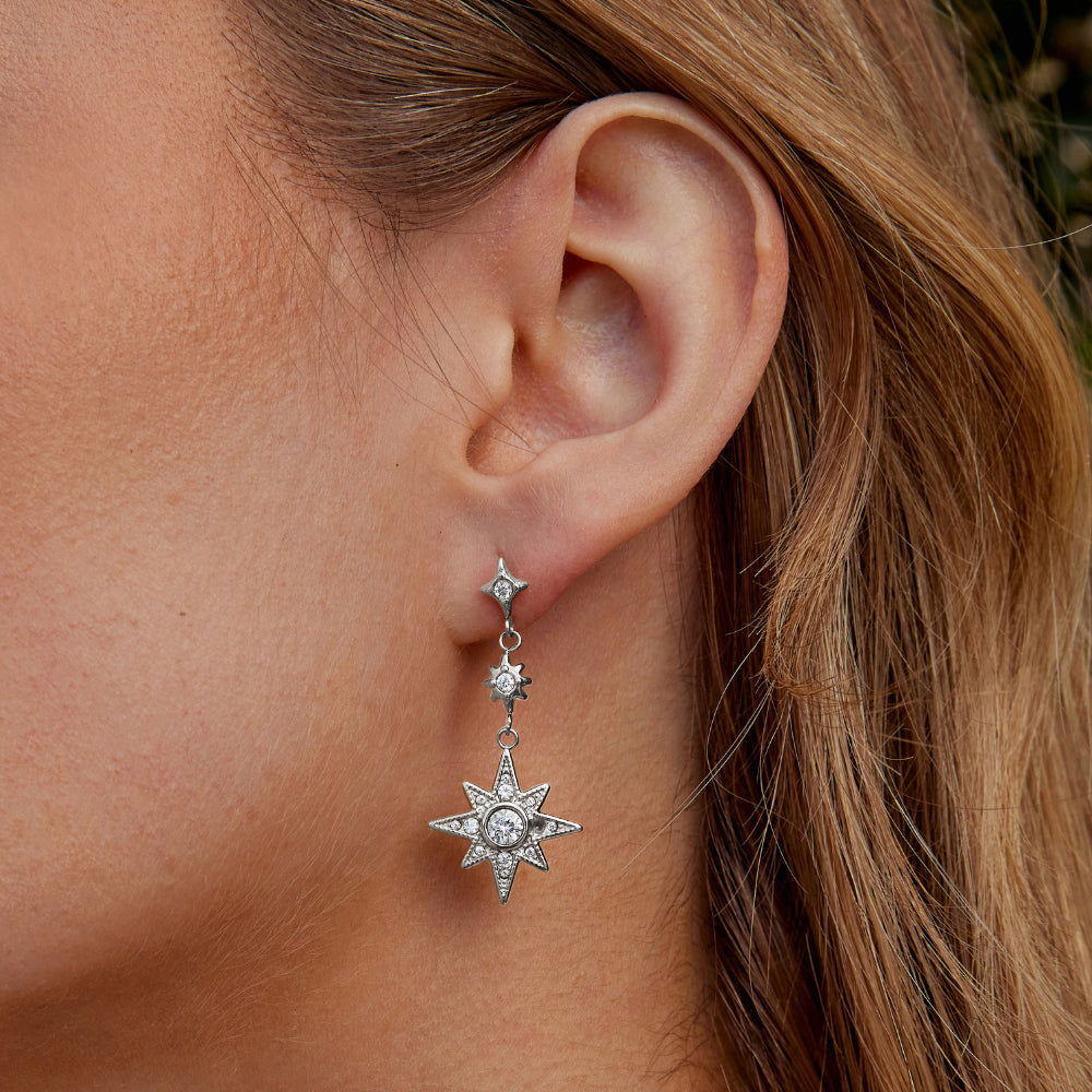 Pendientes de Luna y Estrella de Cristal Plateado