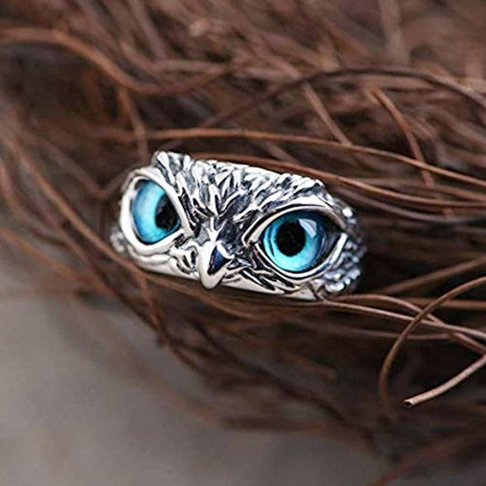 Anillo Ajustable de Plata con Búho y Ópalo