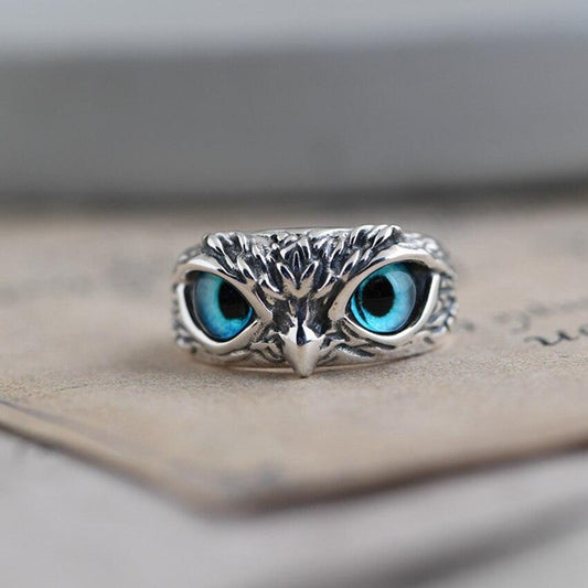 Anillo Ajustable de Plata con Búho y Ópalo