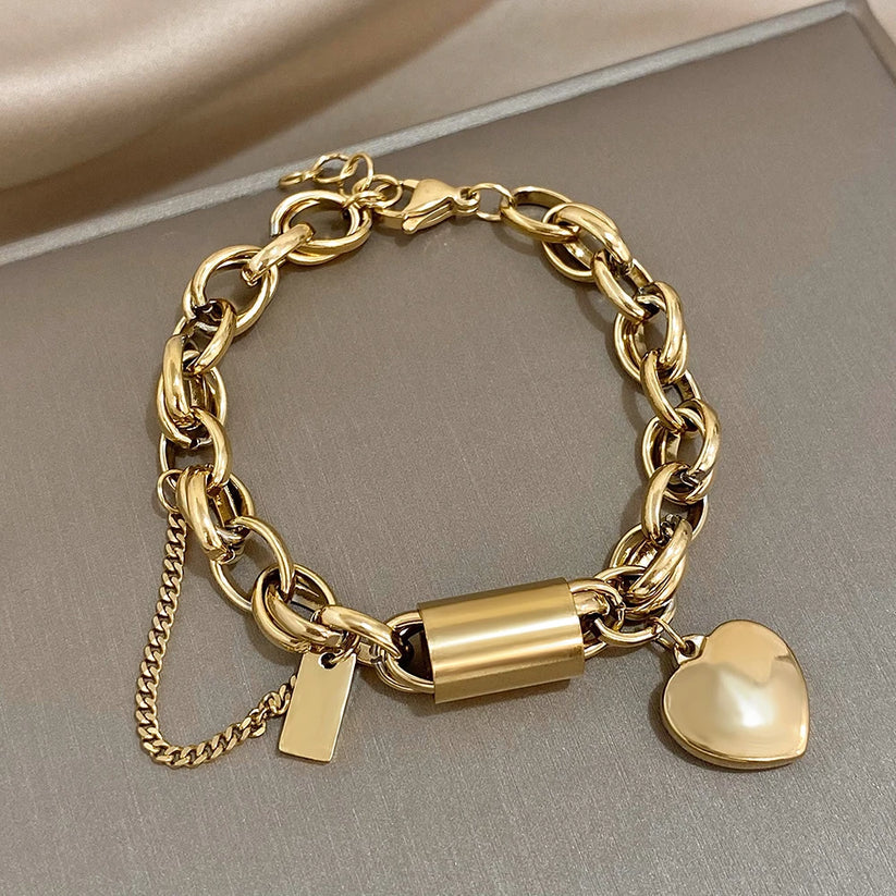 Pulsera Gruesa Heartened | Oro Blanco