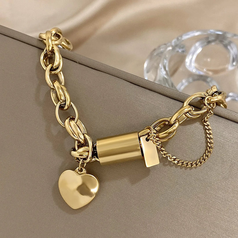 Pulsera Gruesa Heartened | Oro Blanco