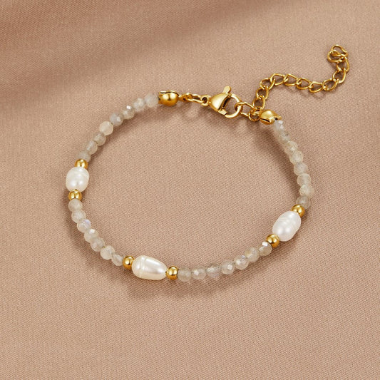 Pulsera de Cuentas de Piedra Lunar y Perla