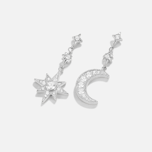 Pendientes de Luna y Estrella de Cristal Plateado