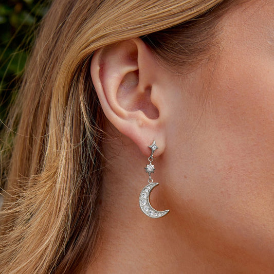 Pendientes de Luna y Estrella de Cristal Plateado