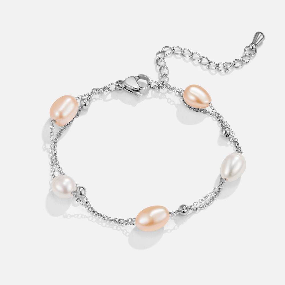 Pulsera de Capas con Perla de Agua Dulce Plateada