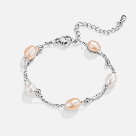 Pulsera de Capas con Perla de Agua Dulce Plateada