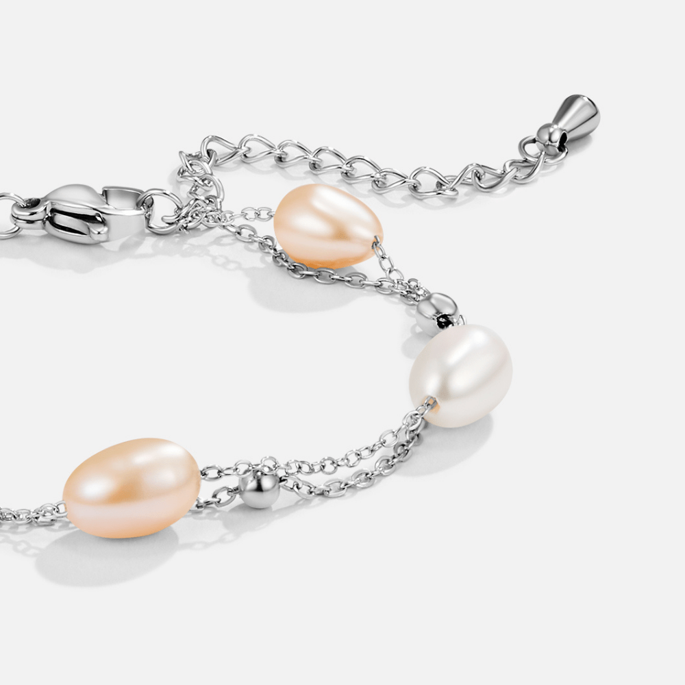 Pulsera de Capas con Perla de Agua Dulce Plateada