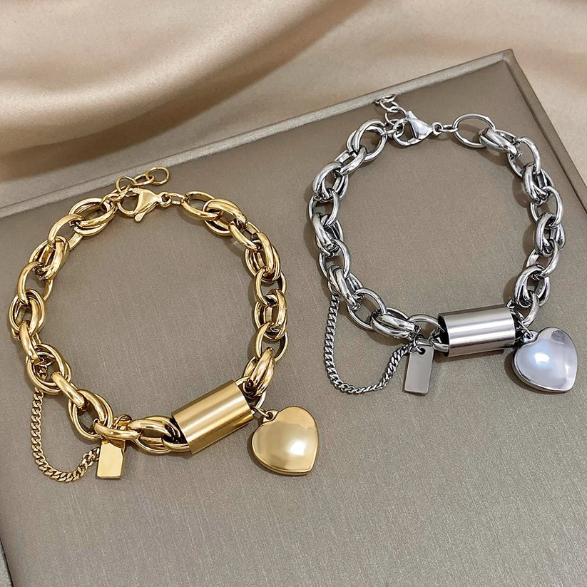 Pulsera Gruesa Heartened | Oro Blanco