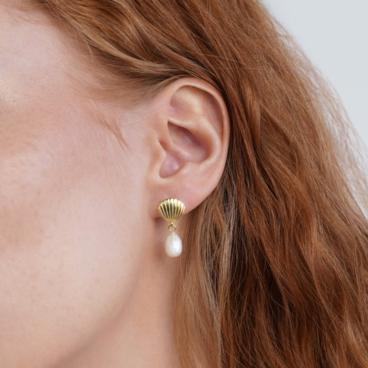 Pendientes de Concha de Oro con Perla de Agua Dulce